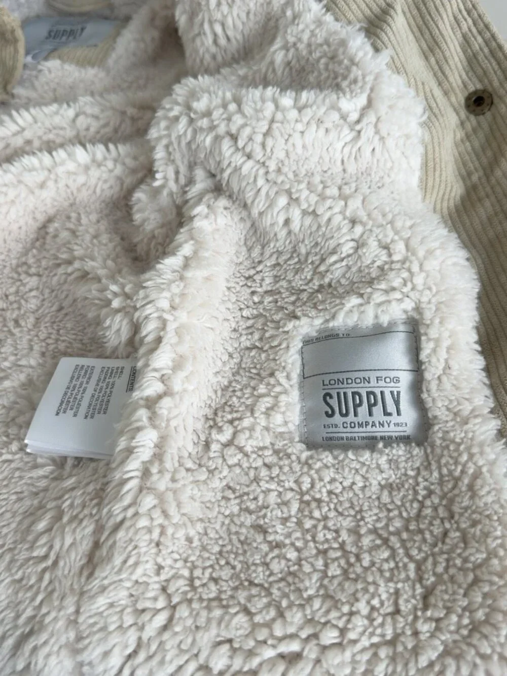 London Fog Supply Kids Sherpa Lined Corduroy Hooded Jacket Size 5/6 NWOT